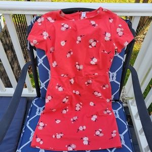 Old Navy Short Sleeve Dress Bright Orange Coral/Neon Red & White Floral Print M